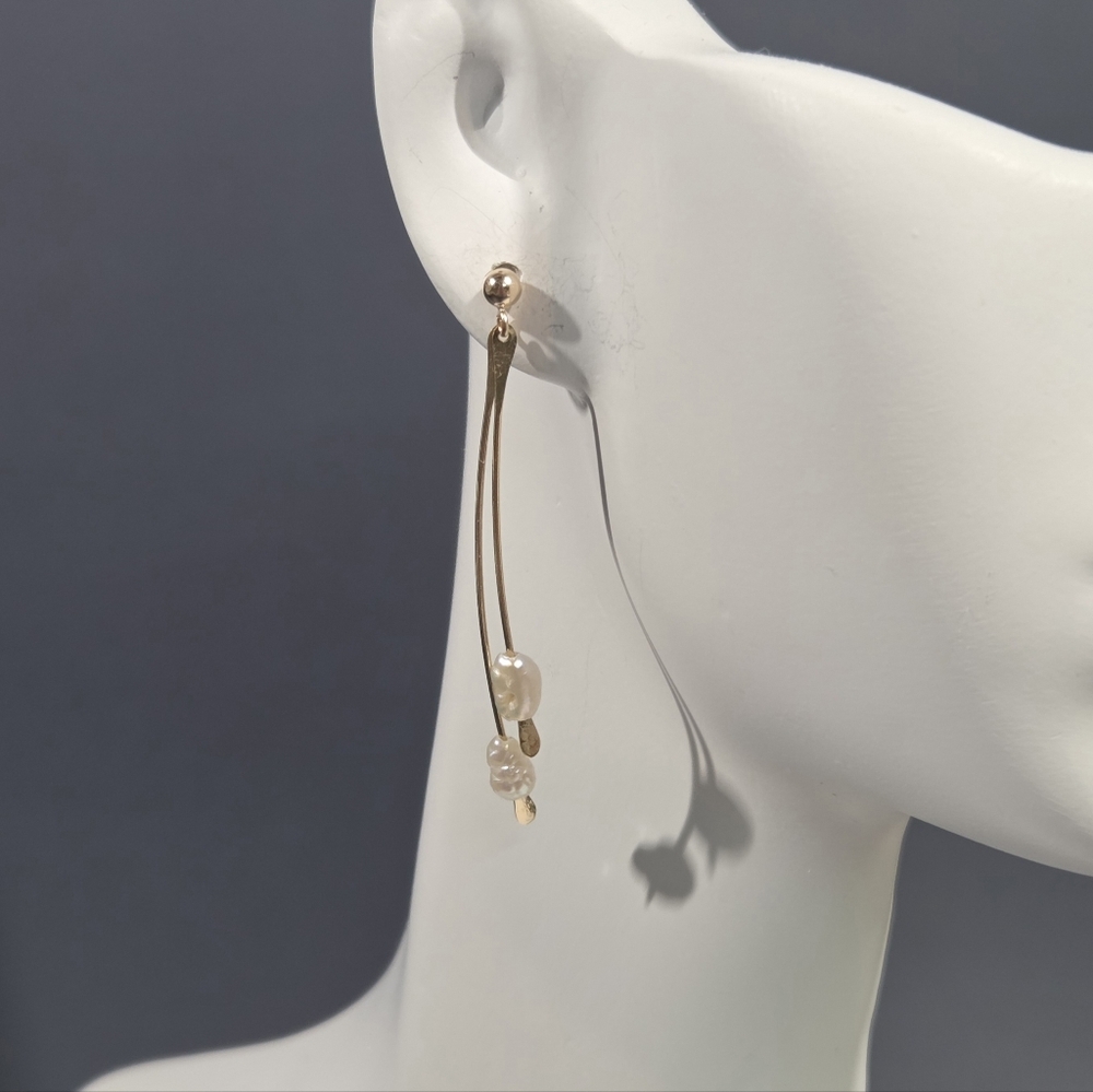 Vintage Solid 14K Yellow Gold~Double Freshwater Pearl Dangling Earring Studs